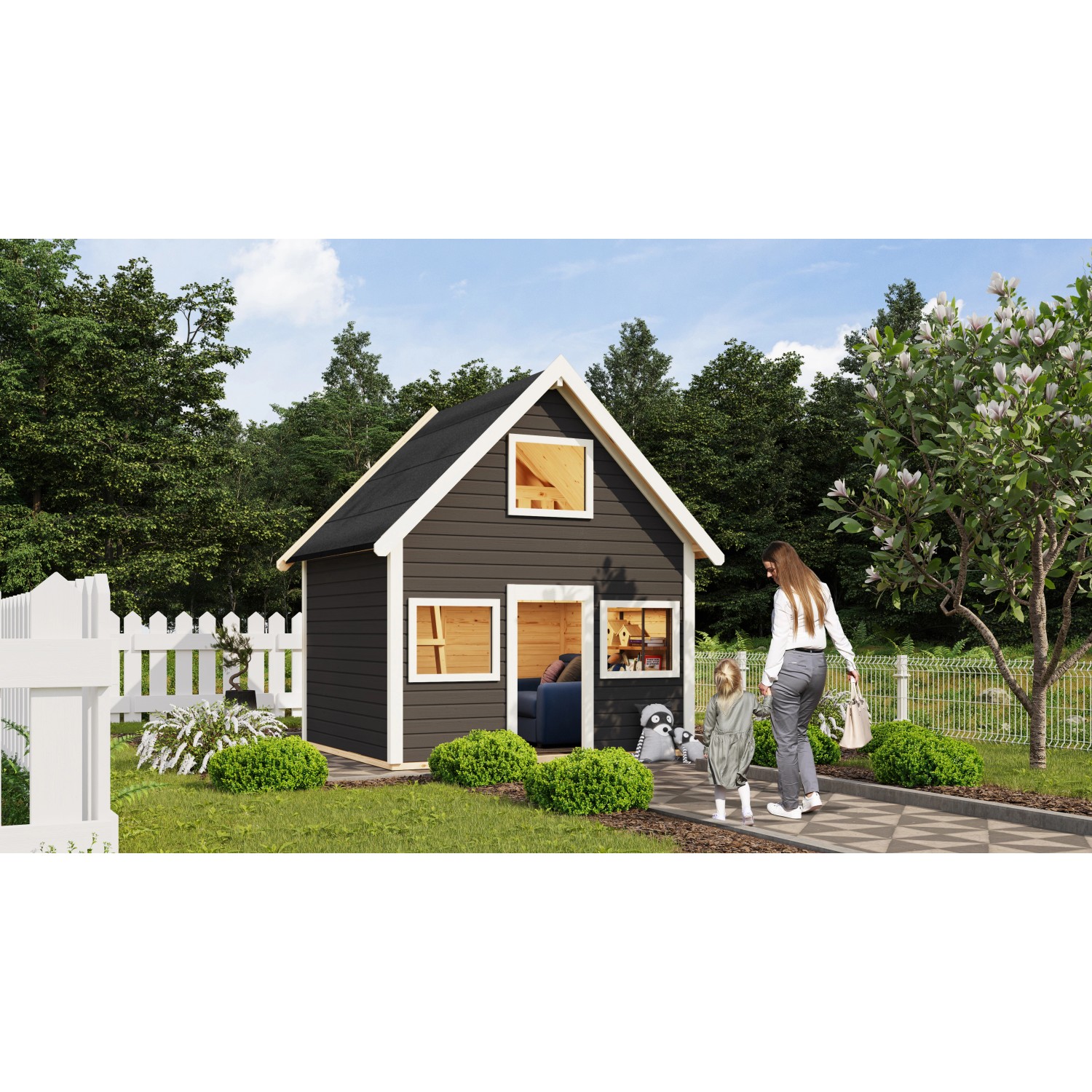 Karibu Spielhaus Kalle in Terragrau mit Mutter und Kind im Garten.