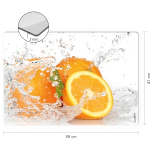Myspotti Mini-Spritzschutzplatte Aqua Orange, 59x41cm, mit Orangen-Motiv und Wasserspritzer.