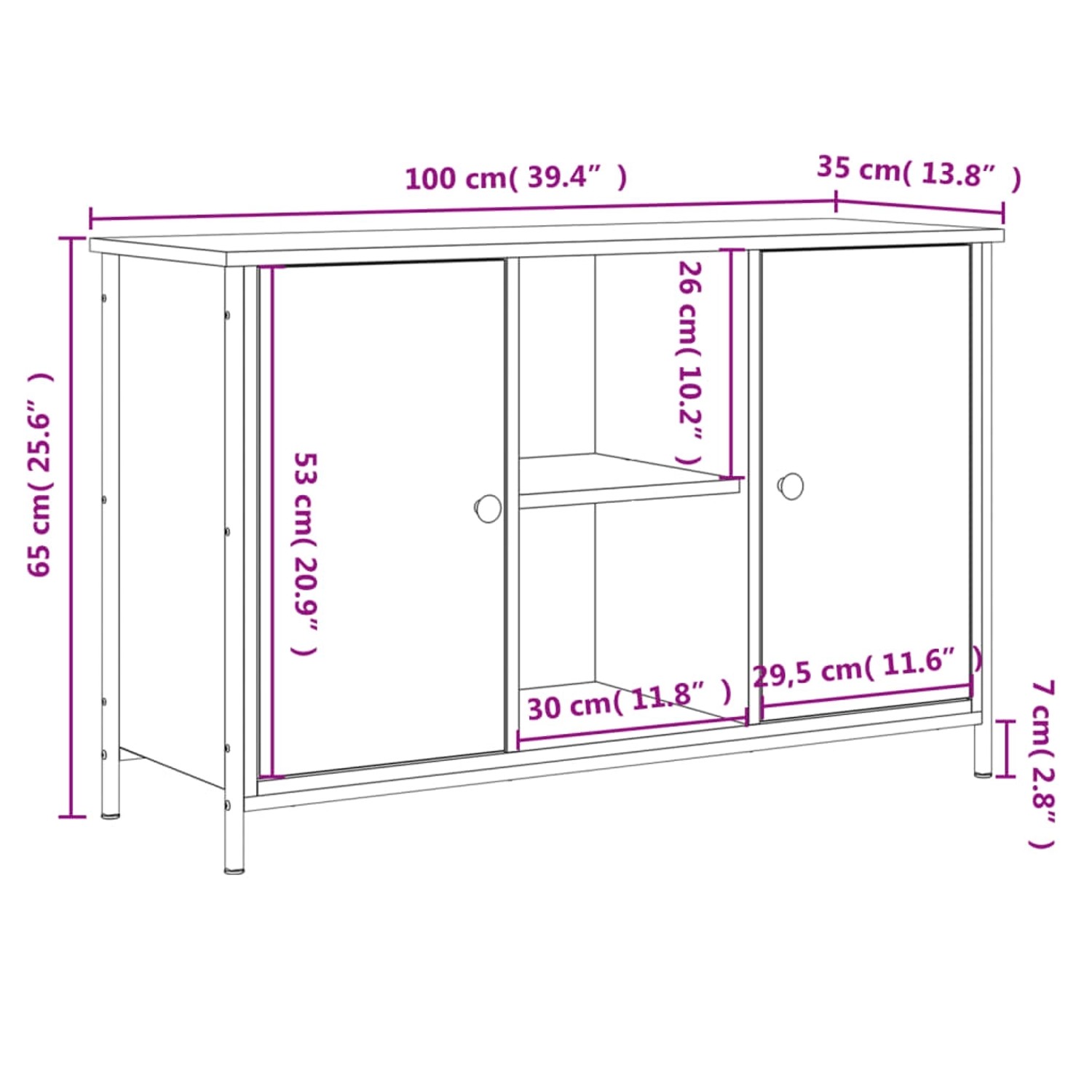 VidaXL TV-Schrank Sonoma-Eiche, 100x35x65 cm, Holzwerkstoff mit Fächern und Eisenbeinen.