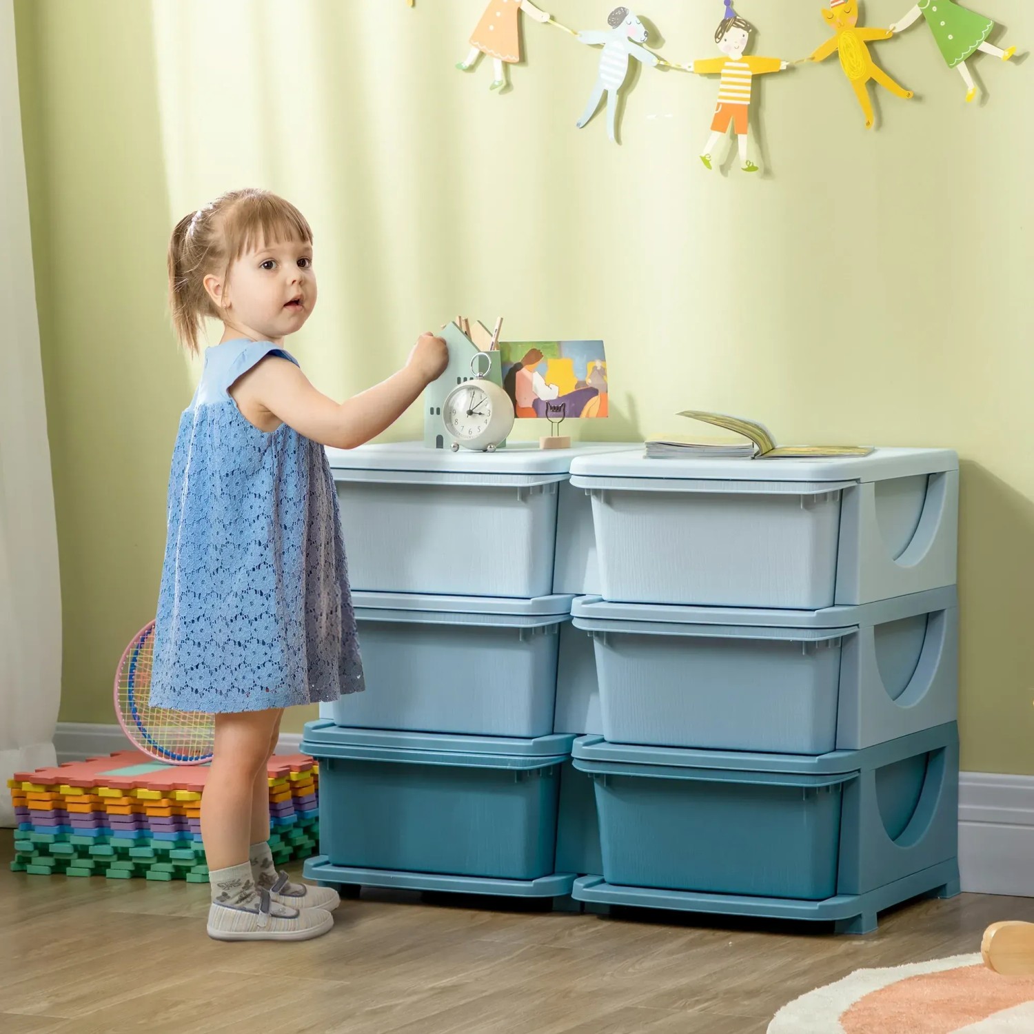 HOMCOM Schubladenschrank für Kinder mit 3 Schubladen in blau, mit Kind.