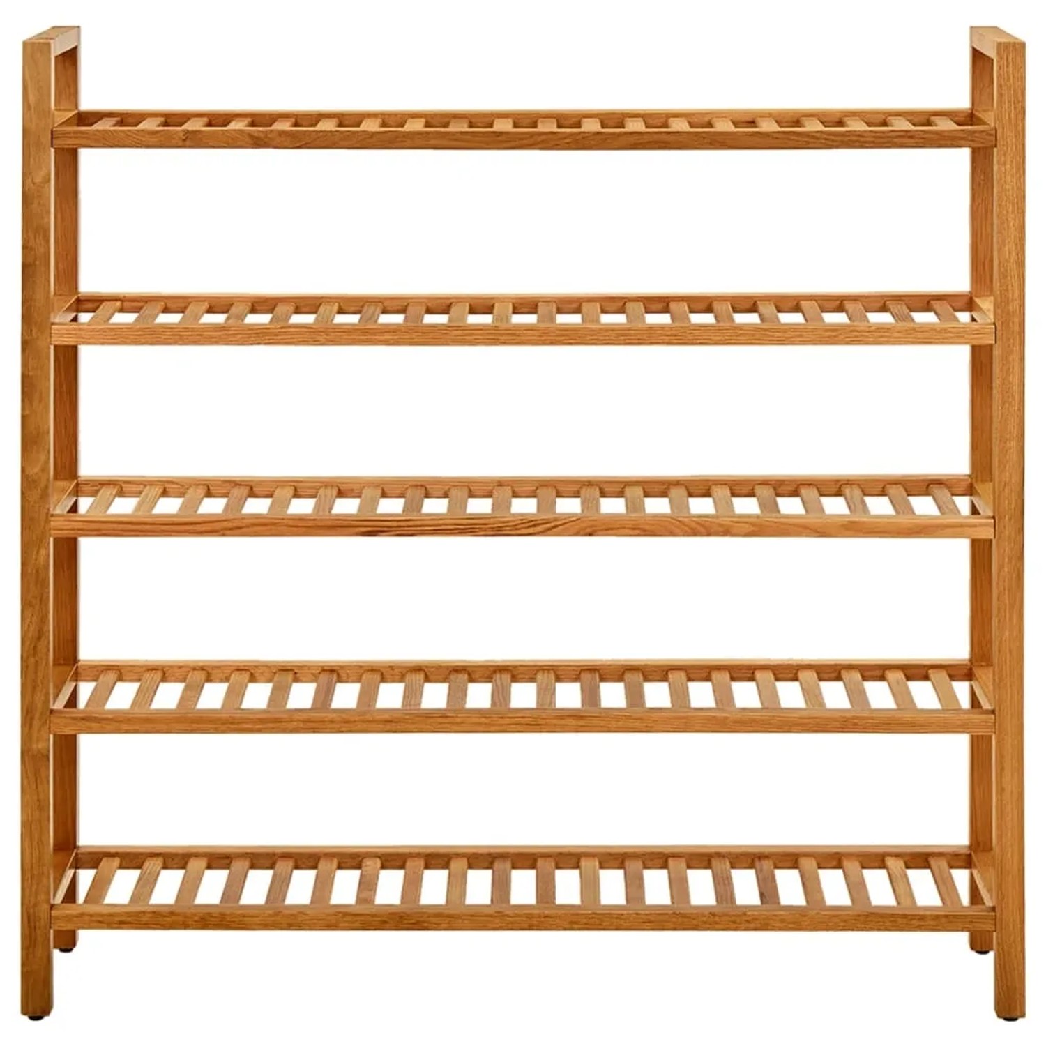Schuhregal aus massivem Eichenholz mit 5 Lattenrosten. Heller Holzton, ideal für Flur und Garderobe.