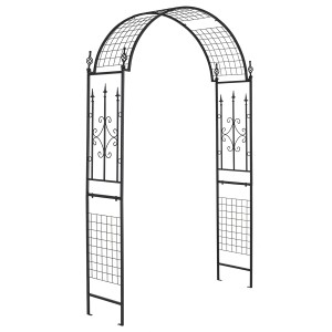 Schwarzer Costway Rosenbogen aus Metall mit Rankgitter und 4 Bodenpfählen.