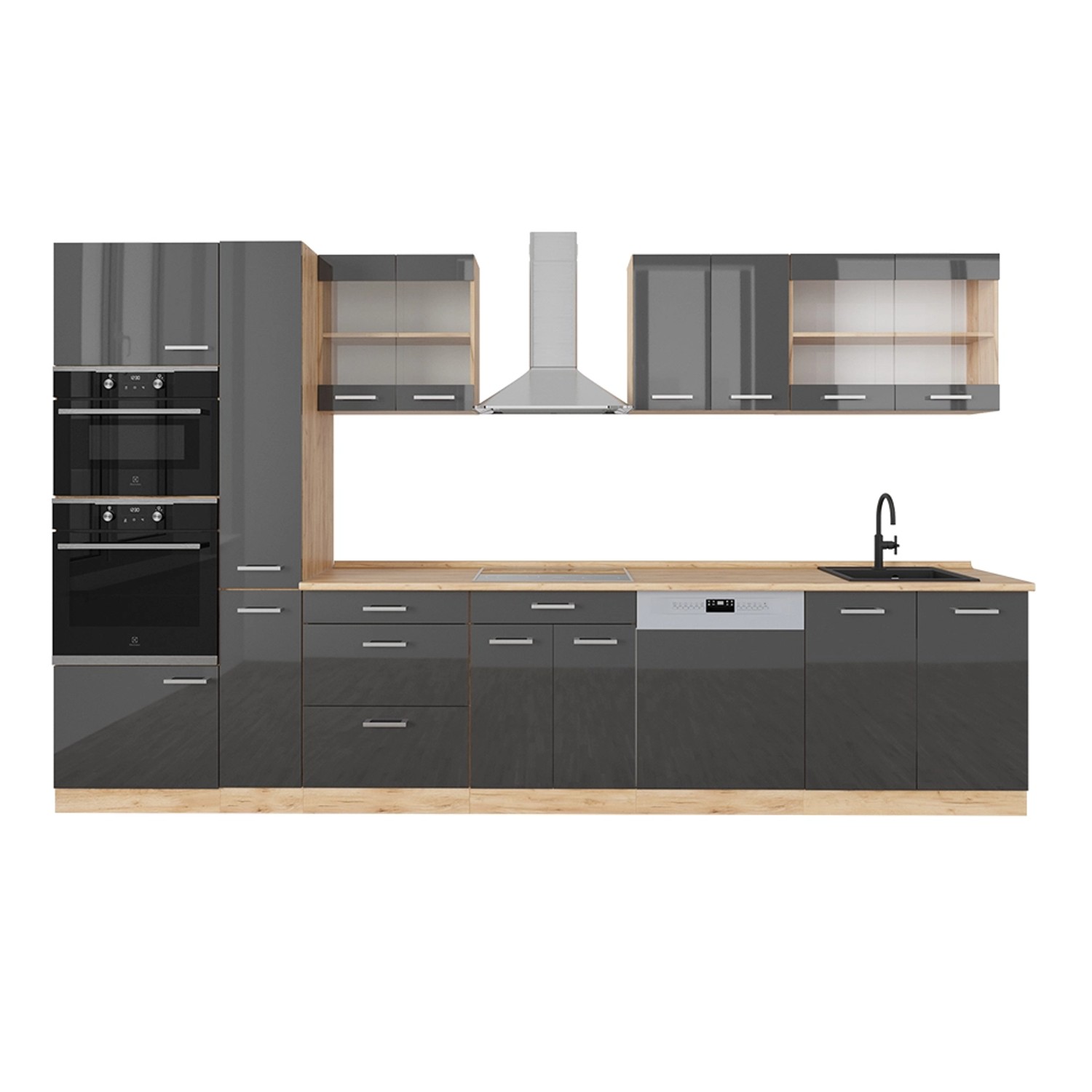 Vicco R-Line Küchenzeile Anthrazit Hochglanz/Goldkraft Eiche 350 cm mit Hoc günstig online kaufen