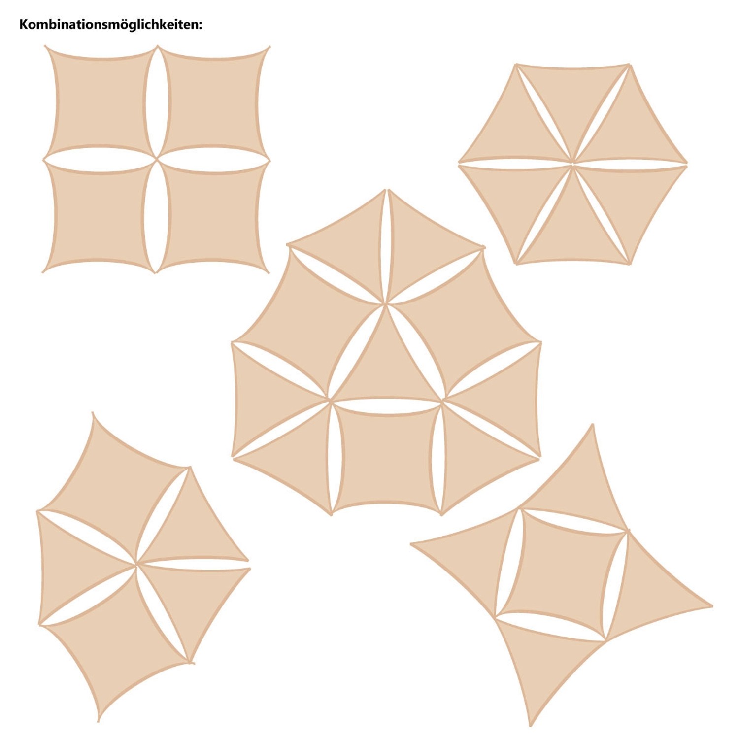 Kombinationsmöglichkeiten für AMANKA Sonnensegel Dreieck Grau, verschiedene Anordnungen.