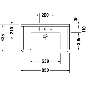 Technische Zeichnung Duravit Starck 3 Waschbecken, 85 cm, weiß, mit Hahnloch und WonderGliss Beschichtung.