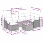 vidaXL Garten-Sofa-Set 7-teilig, schwarz, Poly Rattan, mit Maßangaben.