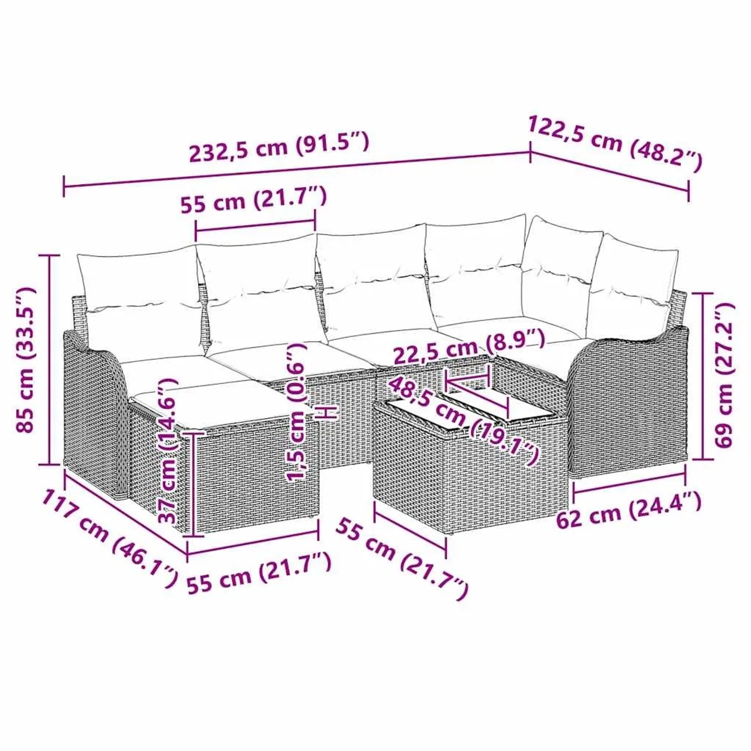 vidaXL Garten-Sofa-Set 7-teilig, schwarz, Poly Rattan, mit Maßangaben.