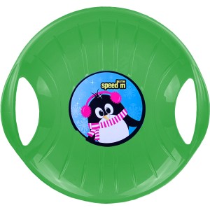 Grüner Ondis24 Tellerschlitten Kamikaze mit Pinguin-Motiv, 60cm Durchmesser.