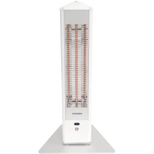 Weißer Vasner Infrarot-Standheizstrahler HeatTower Mini mit Fernbedienung.