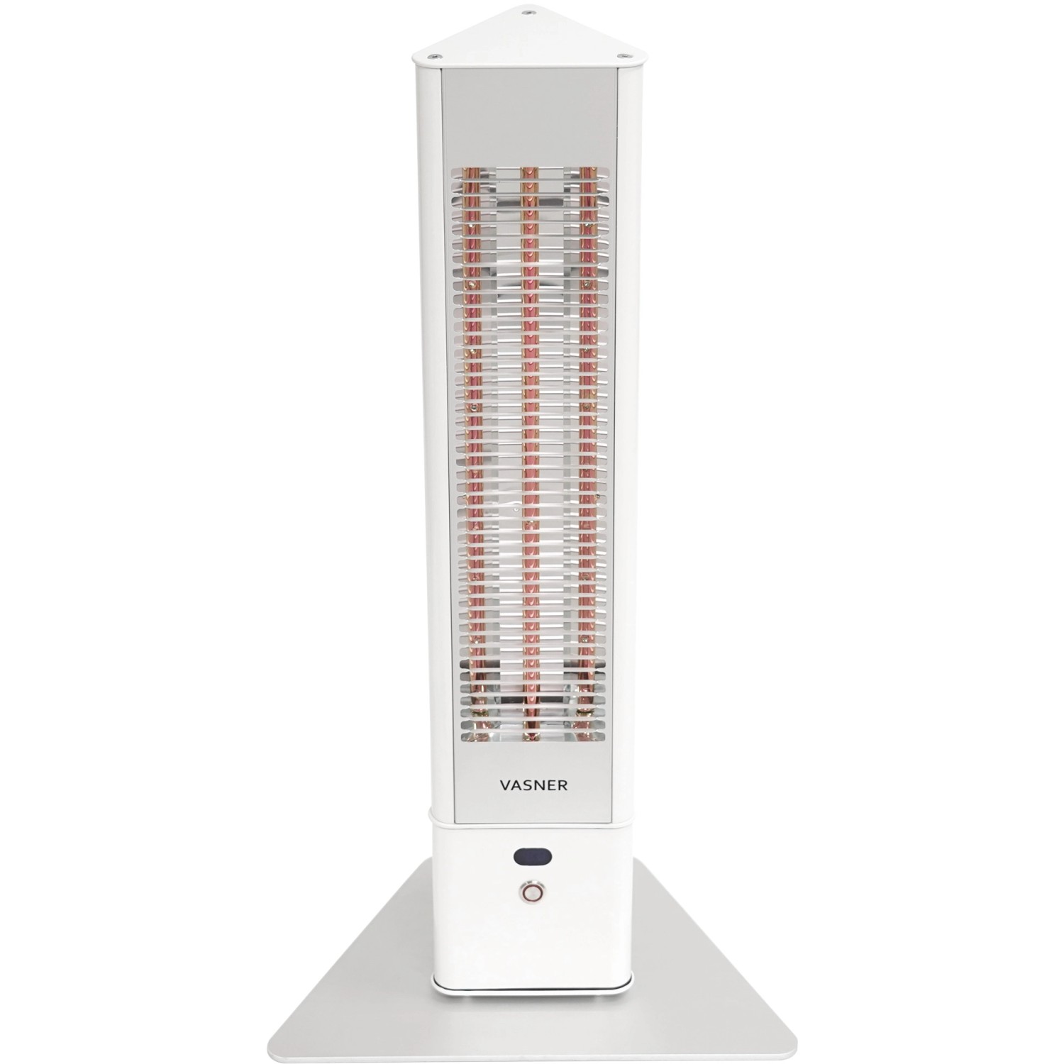 Weißer Vasner Infrarot-Standheizstrahler HeatTower Mini mit Fernbedienung.