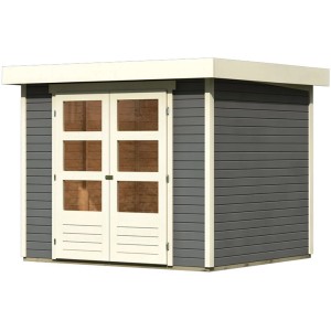Karibu Gartenhaus Speedy B, terragraues Holzhaus mit Doppeltür und Flachdach.