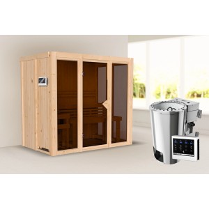 Karibu Sauna Vaira 3 mit Ganzglasfront und Ofen. Naturbelassenes Holz, moderne Optik für entspannte Saunagänge.