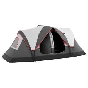 Graues Outsunny Campingzelt für 8 Personen mit zwei Schlafräumen und Netzfenstern.