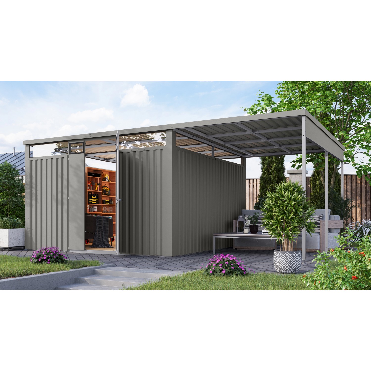 Karibu Gartenhaus Amato 3,5 m. Anbaudach Graualuminium 220 x 342 x 342 cm günstig online kaufen
