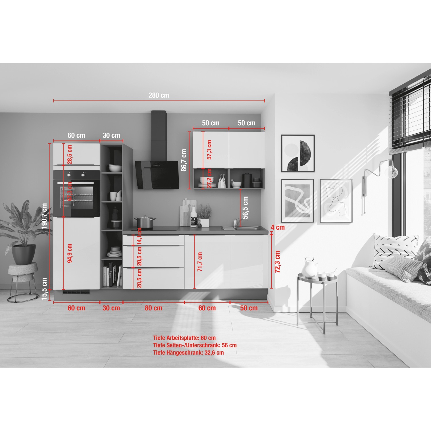 Moderne Küchenzeile in Vulkanbraun und Eiche-Optik mit E-Geräten, 280 cm breit.