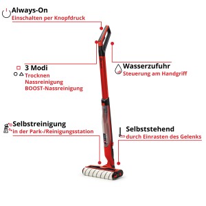 Einhell Akku-Hartbodenreiniger Cleanexxo in Rot mit Hinweisen zu Funktionen.
