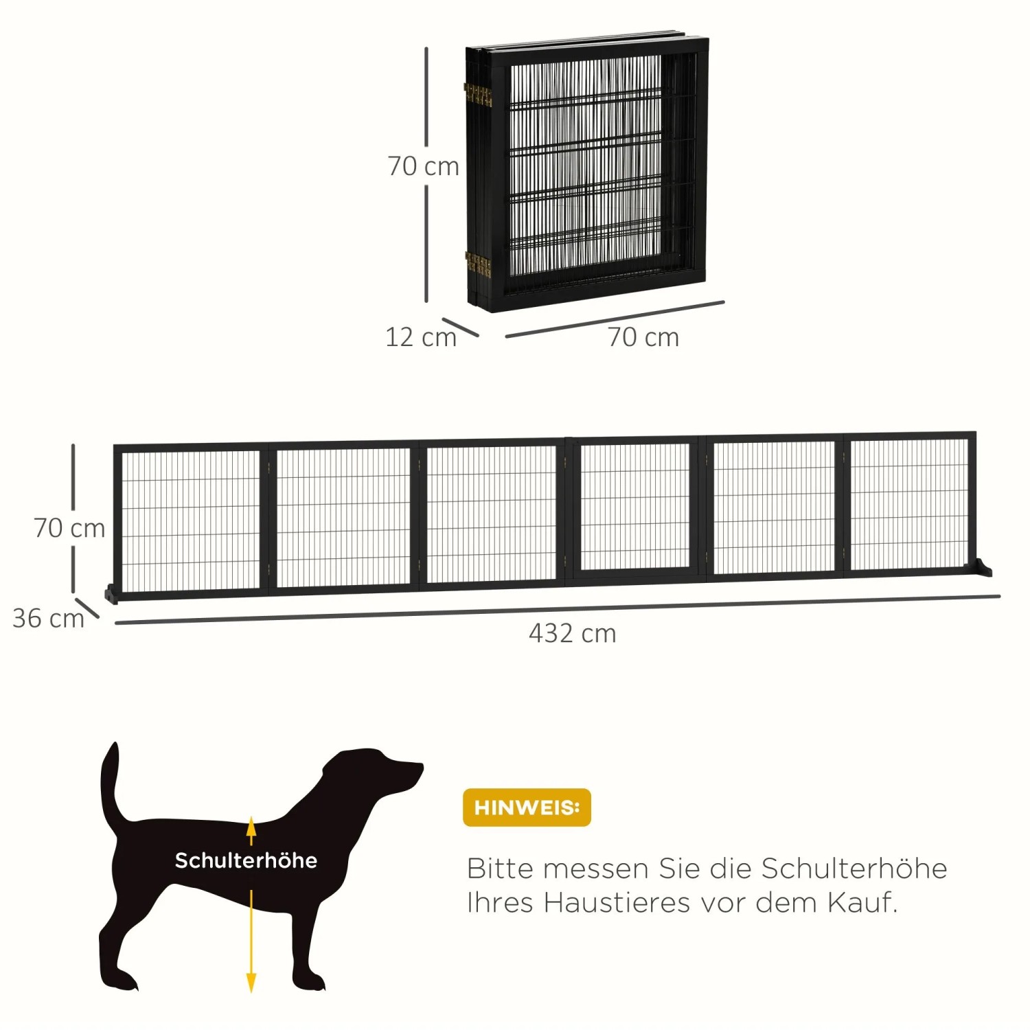 PawHut Türschutzgitter aus Holz, schwarz, mit Fußstütze, 432x70cm. Maße und Hinweis zur Schulterhöhe.