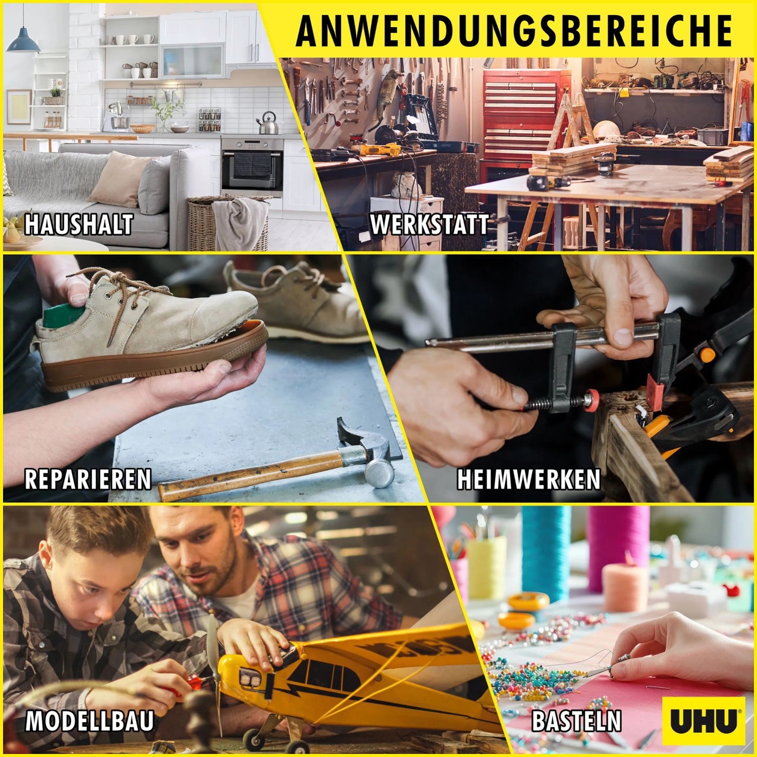 Anwendungsbereiche des UHU Sekundenklebers Plastik: Haushalt, Werkstatt, Reparatur, Heimwerken, Modellbau, Basteln.