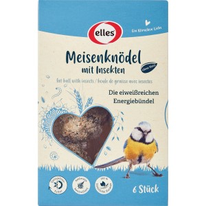 Elles Meisenknödel mit Insekten, 6 Stück. Wildvogelfutter ohne Netz im Karton mit Blaumeise.