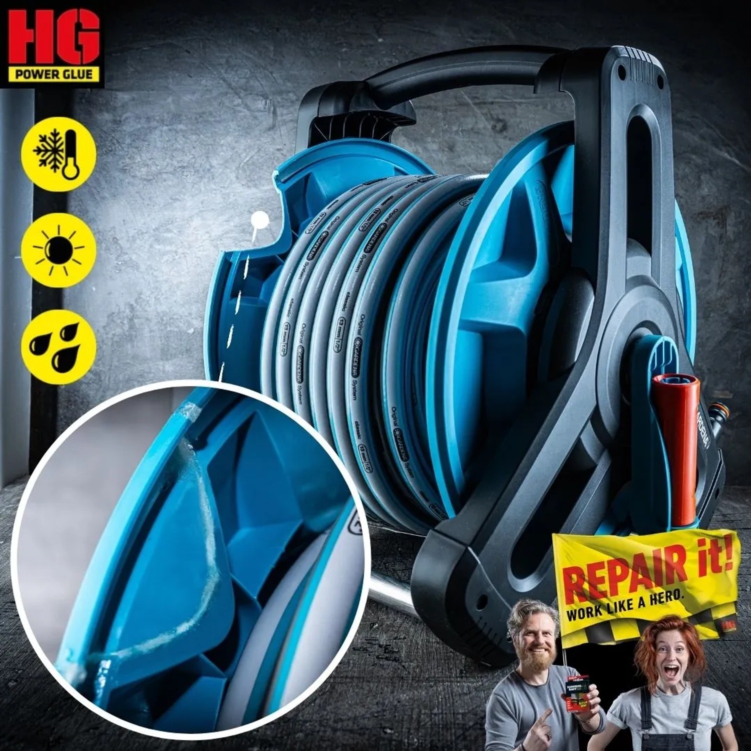 HG Power Glue Kleber repariert Schlauchaufroller. Reparaturkleber-Set mit Granulat für Kunststoff, Glas, Holz uvm.