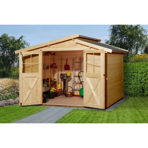 Offenes, lasiertes Weka Holz-Gartenhaus mit Pultdach und Gartengeräten im Innenraum.