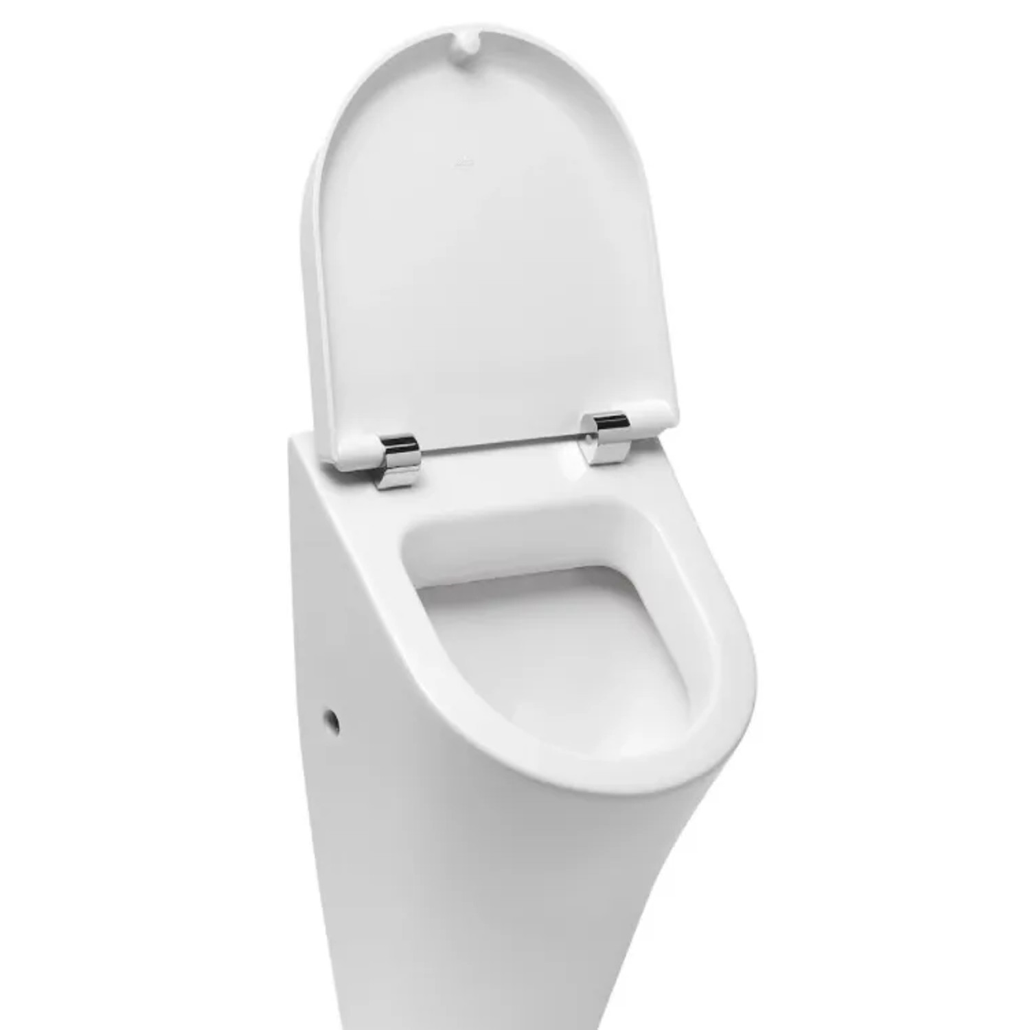 Weißes ROCA NEXO Urinal aus Keramik mit offenem SoftClose Deckel und verdeckter Befestigung.