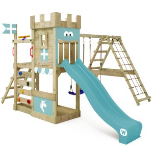 Wickey Spielturm DragonFlyer mit Rutsche in Pastellblau, Kletterwand, Schaukel und Sandkasten.