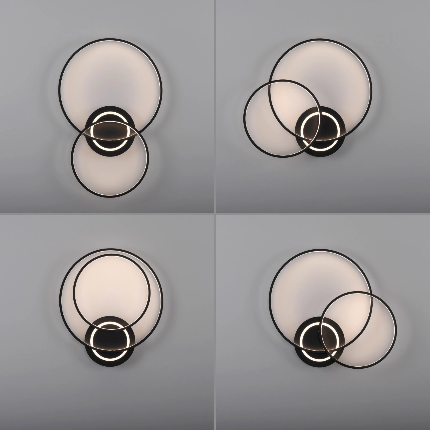 Moderne LED-Deckenleuchte Asmina Schwarz mit drehbaren Ringen, verschiedene Ansichten.