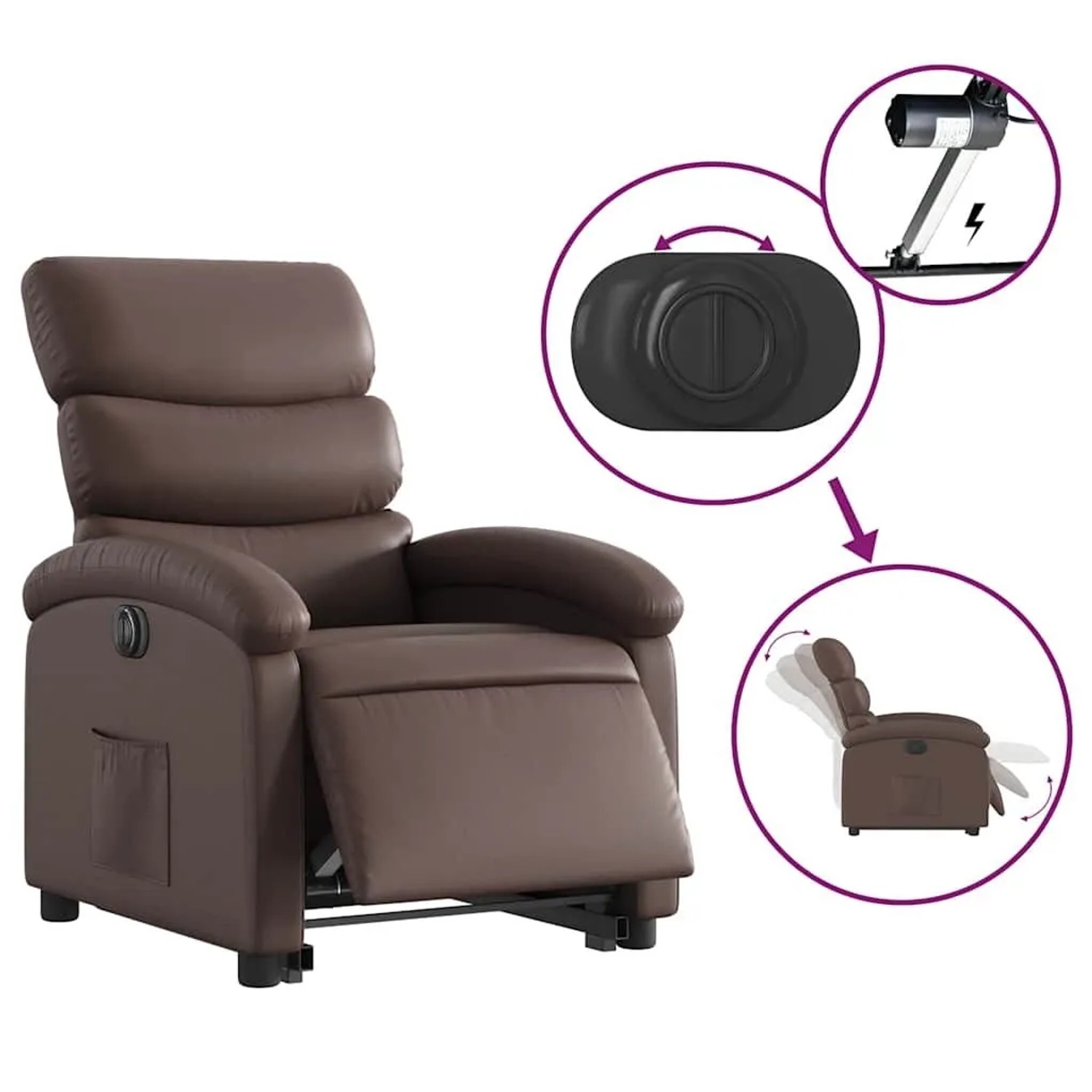 Brauner Relaxsessel mit Aufstehhilfe, elektrisch verstellbar, aus Kunstleder.