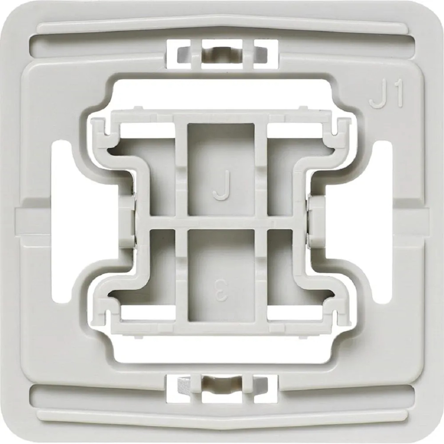 Adapter Jung J1 für Hausautomation, Detailansicht der grauen Kunststoffhalterung.