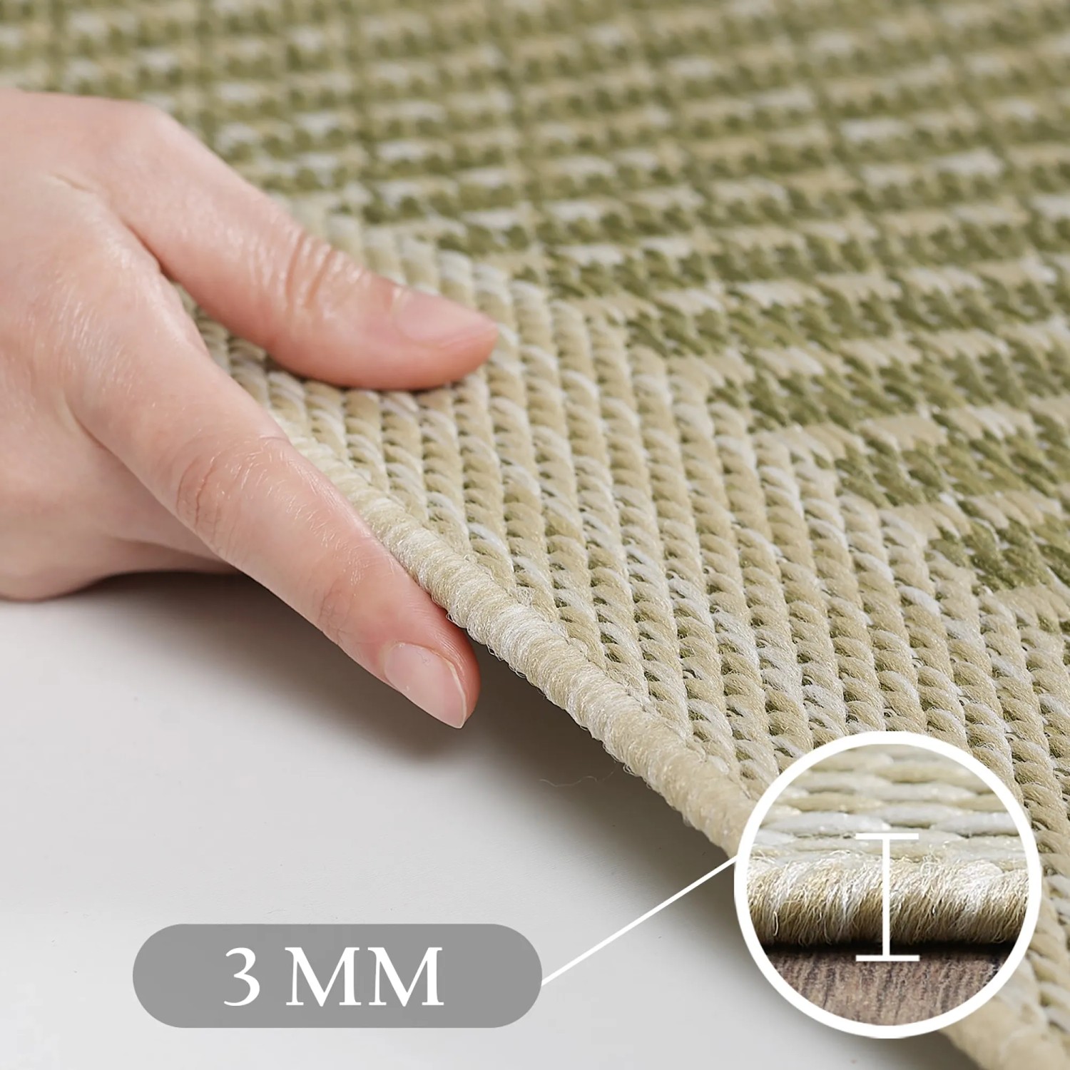 Detailaufnahme: Ayyildiz Outdoor-Teppich Giza 1410 Grün, 3mm Florhöhe, Sisal-Optik.