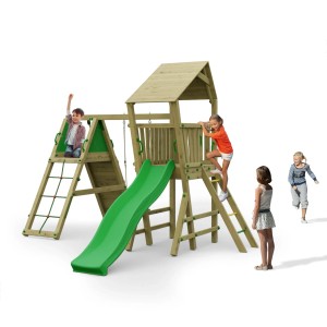 Spielturm Funky Combo mit Rutsche, Schaukel und Kletterelementen für Kinder im Garten.