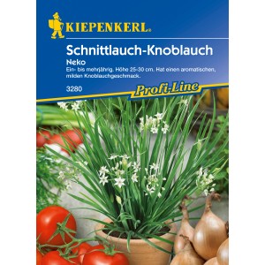 Schnittknoblauch Neko im Topf mit Tomaten und Zwiebeln im Hintergrund.