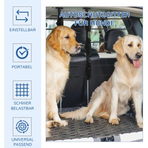 PawHut Hundeschutzgitter Auto, verstellbare Autotrennwand mit zwei Hunden im Kofferraum.