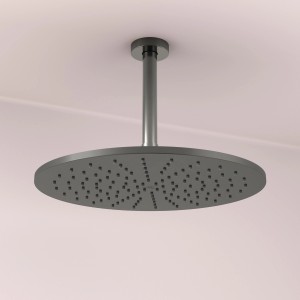 Runde, graue Ideal Standard Kopfbrause Idealrain Atelier (Ø300 mm) von unten an Decke montiert.
