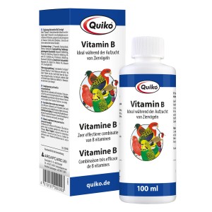 Quiko Vitamin B Ergänzungsfutter für Ziervögel, 100ml Flasche und Verpackung.