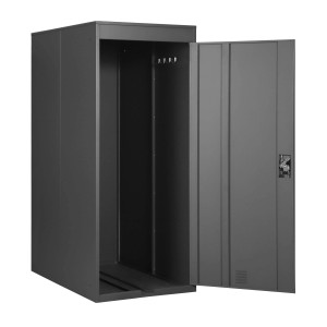 Anthrazitfarbene MCW Fahrradgarage H66 mit offener Tür. Abschließbare Fahrradbox aus Metall.