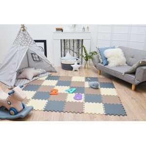 LittleTom Puzzlematte in Grau, Beige, Braun, 27 Teile, 30x30 cm. Weicher Bodenschutz für Kinder-Spielbereiche.