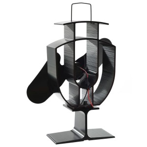 Schwarzer, wärmebetriebener Ofenventilator mit 2 Blättern aus eloxiertem Aluminium.