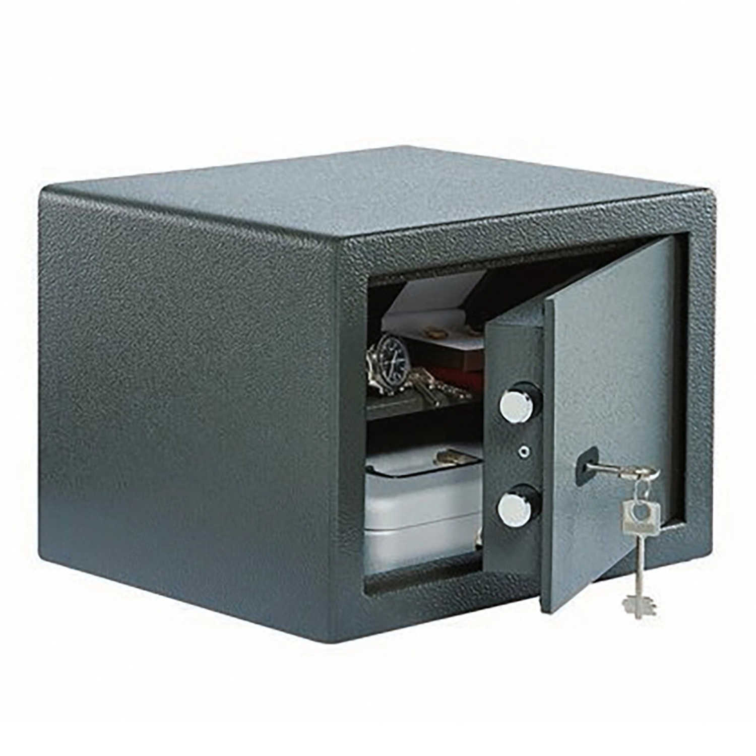 Burg Wächter Möbeltresor Pure-Safe PS 120 K, anthrazit, mit geöffneter Tür und Inhalt.