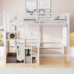 Weißes Metall Hochbett 90x200cm mit integrierter Treppe, Stauraum, Kleiderstange und Schreibtischbereich.