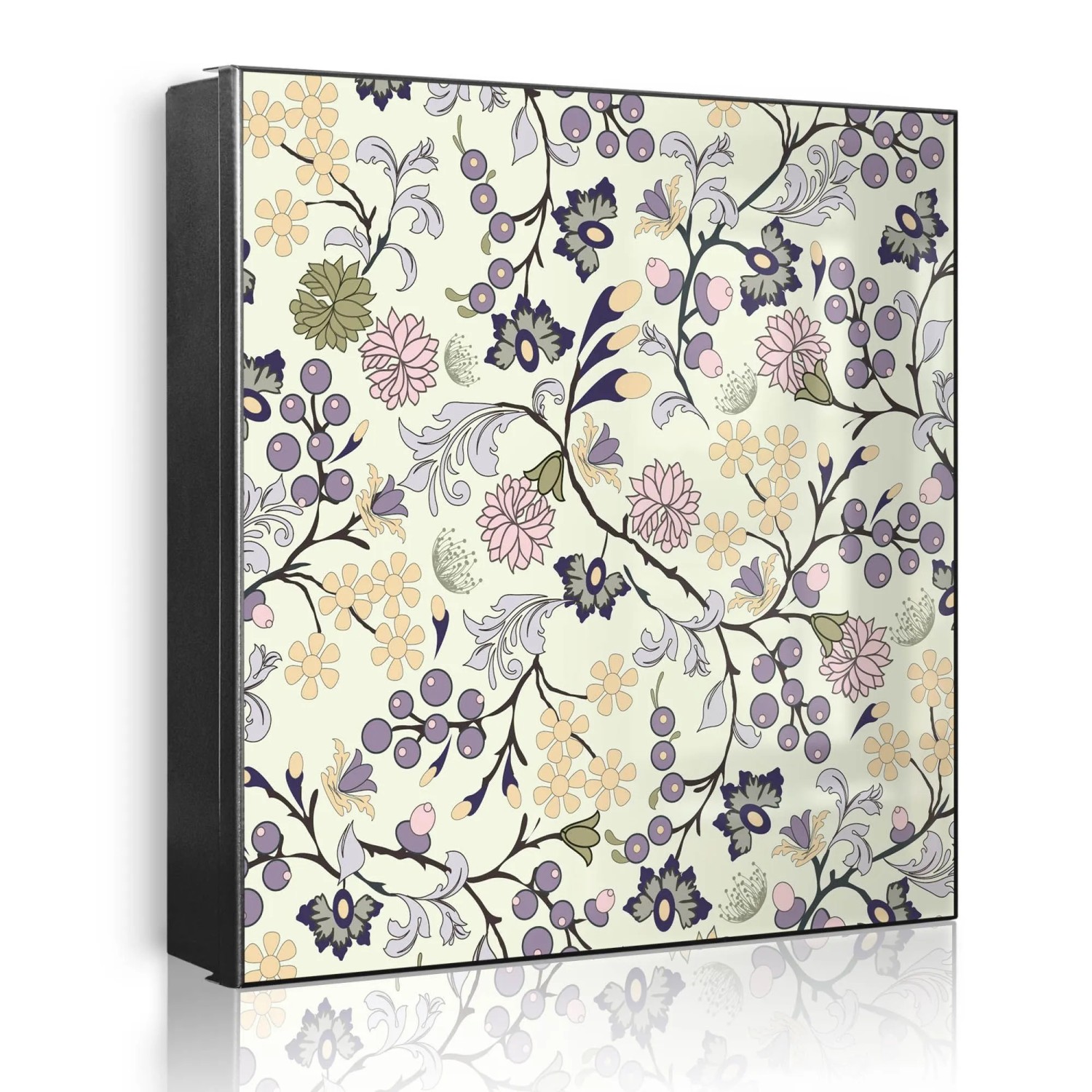 Banjado Großer Schlüsselkasten Metall 30x30cm Schwarz Scharnier Links 50 Haken Beschreibbar Magnetisch Motiv Florale Tapete
