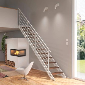 Treppen Intercon Raumspartreppe London Stahlwangentreppe Polar-Weiß mit Stufenbreite 70 cm Buche Dunkel Einseitiges Geländer 13 Stufen