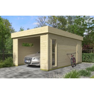 Lasita Garage Bahamas 2 aus unbehandelter Fichte ohne Tor, mit Fenster und Tür. Auto steht in der Fertiggarage.