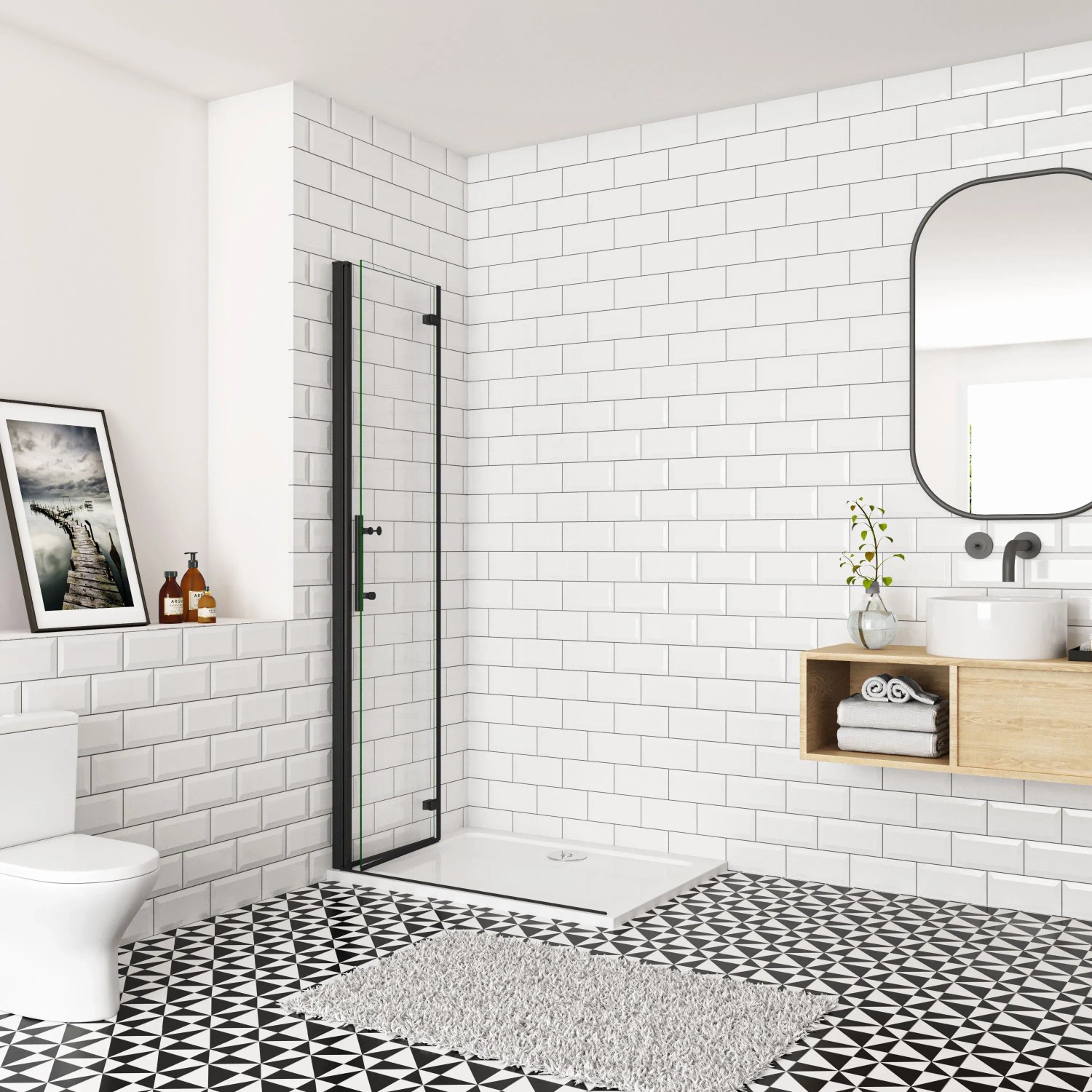 Schwarze AICA Walk-In Duschabtrennung Falttür 120x185cm mit 6mm ESG Glas, in modernem Bad mit weißen Fliesen.