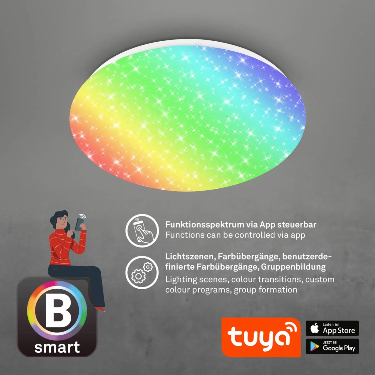 Dimmbare LED-Deckenleuchte Barny S von Brilo mit Sternendekor und Farbwechsel, steuerbar per App.