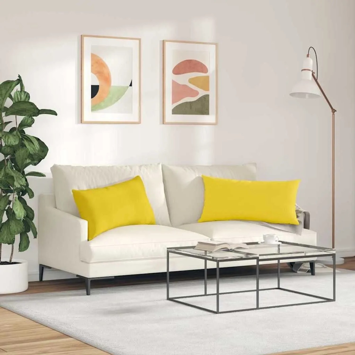 Zwei rechteckige, hellgelbe vidaXL Sofakissen aus Stoff, 80x40 cm, auf einem weißen Sofa im modernen Wohnzimmer.