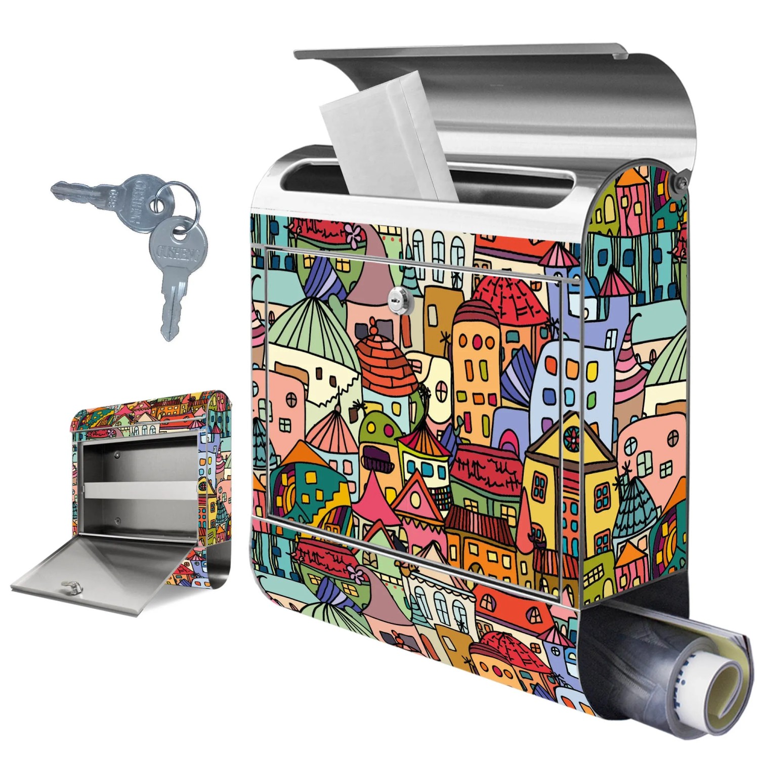 Edelstahl Briefkasten mit Zeitungsfach und buntem "Funky Town" Motiv.