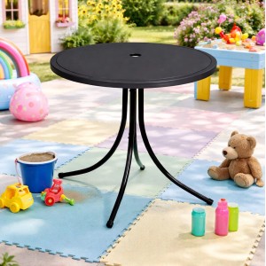 Schwarzer Mojawo Kindertisch, runder Campingtisch mit Metallgestell für den Garten.
