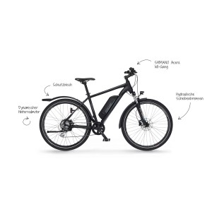 Schwarzes Fischer E-Bike ATB 27,5 Terra 2.0 mit Schutzblechen und hydraulischen Scheibenbremsen.